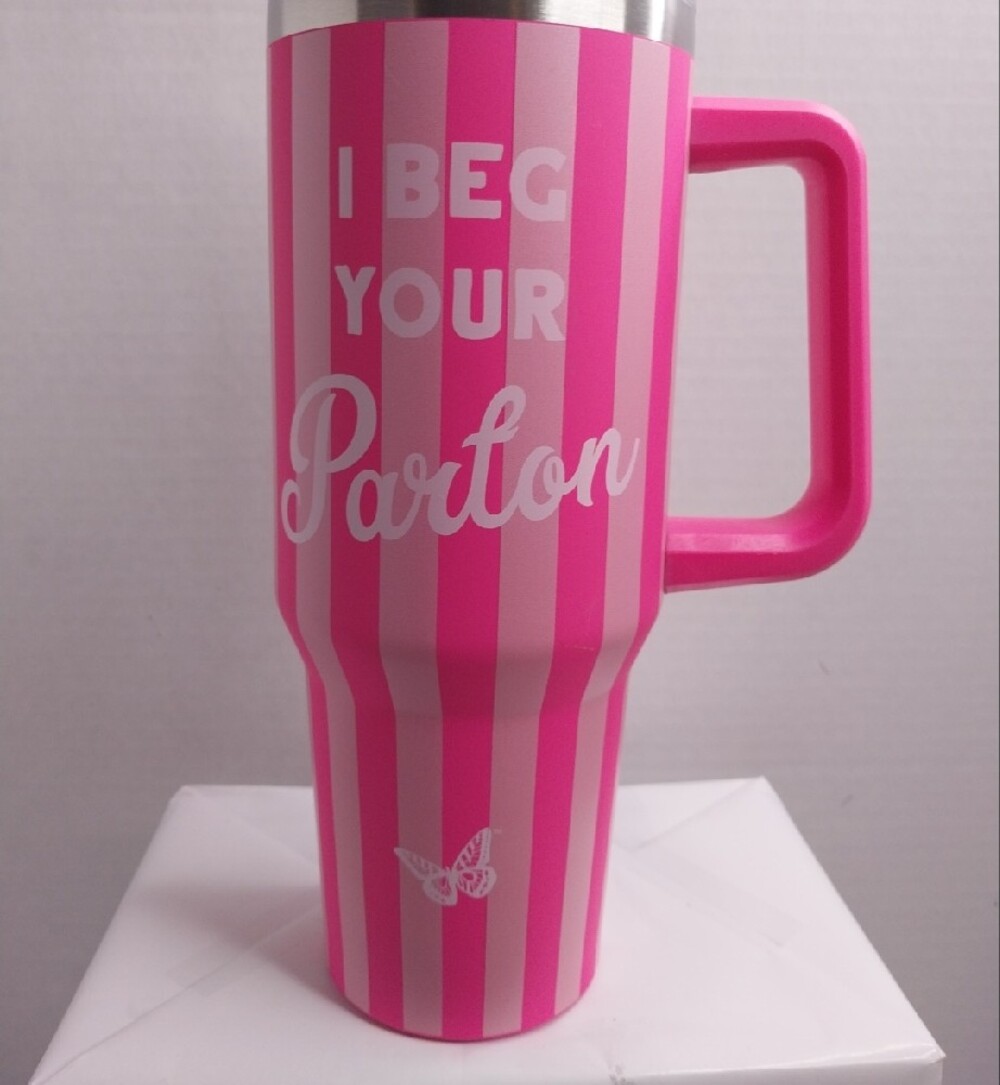 Dolly Parton - 'I Beg Your Parton' Pink Striped Travel Mug 40oz.. Steel - Picture 3 of 6